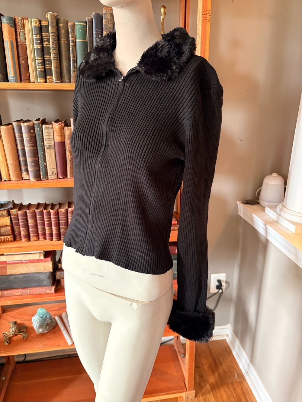Black Ribbed Zip Sweater with Faux-Fur Collar and Cuff